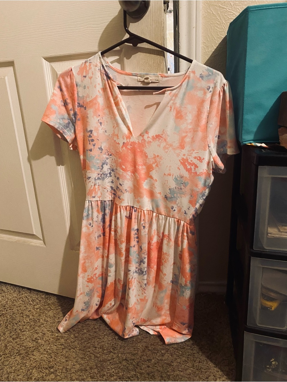 Kids Coral and Light Blue Watercolor Short Sleeve Dress